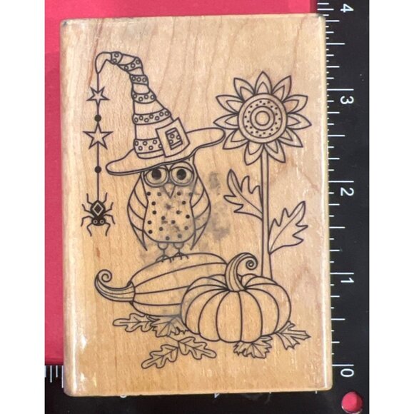 Halloween Owl & Pumpkin Wood Mounted Rubber Stamp By Hampton Art Outlines PSO663 - Picture 1 of 4